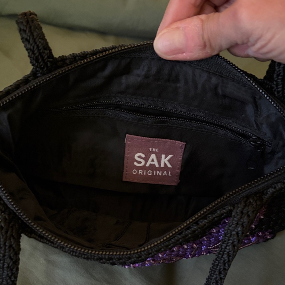 The Sak Black Crochet Shoulder Bag with Purple Sequin Flower Patch - Picture 3 of 4
